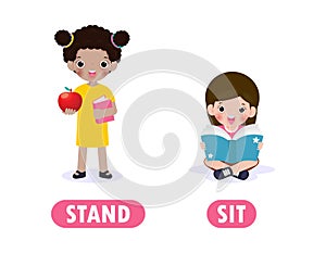 Opposite sit and stand, Words antonym for children with cartoon characters cute happy kids reading book Flat vector illustration