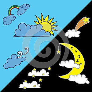 The opposite time background. morning and night. sun and night. hand drawn vector. sunny day on blue backgroun, crescent  moon wit