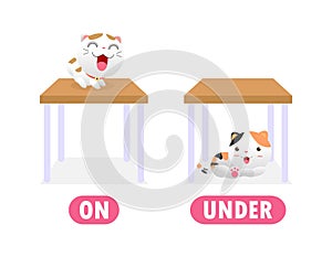 Opposite on and under, Words antonym for children with cartoon characters cute little cat, funny animal Flat vector illustration