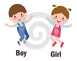 Opposite words boy and girl vector illustration, Opposite English Words boy and girl on white background