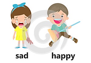 Opposite words sad and happy vector illustration, Opposite English Words sad and happy vector illustration on white background.