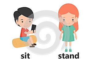 Opposite words sit and stand vector illustration, Opposite English Words sit and stand vector illustration on white background