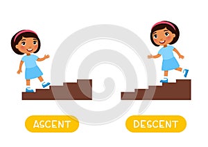 Opposites concept  Ascent and Descent. Word card for English language learning.
