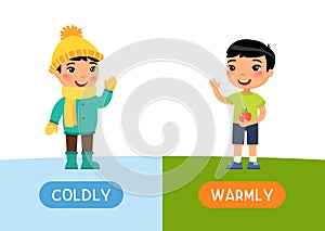Opposites concept, COLDLY and WARMLY. Childish flash card with antonyms vector template. Educational word card for english