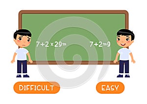 Opposites concept, EASY and DIFFICULT. Word card with little asian schoolboy vector template. Flash card for foreign language with