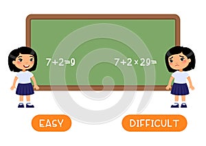 Opposites concept, EASY and DIFFICULT. Word card with little asian schoolgirl vector template