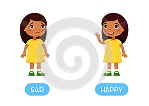 Opposites concept, HAPPY and SAD. Childish word card with antonyms.