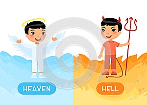 Opposites concept, HEAVEN and HELL. Flash card with child in masquerade outfit vector template. Word card for English learning