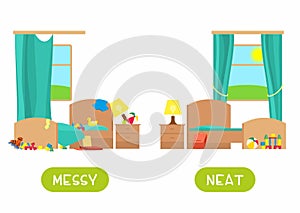 Opposites concept, messy and neat. Childish word card for English learning vector template.