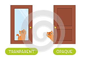 Opposites concept, OPAQUE and TRANSPARENT. Word card for language learning.