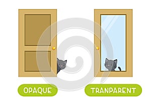Opposites concept, OPAQUE and TRANSPARENT. Word card for language learning.