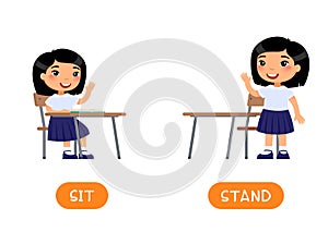 Opposites concept, STAND and SIT. Educational word card with school kid vector template. Flash card for foreign language with