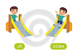 Opposites concept, UP and DOWN. Word card for language learning.