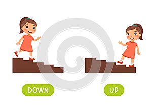 Opposites concept, UP and DOWN. Word card for language learning.