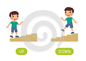 Opposites concept, UP and DOWN. Word card for language learning. Little boy goes up the stairs, goes down