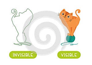 Opposites concept, VISIBLE and INVISIBLE. Word card for language learning.