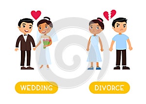 Opposites concept, WEDDING and DIVORCE. Word card for English language learning.