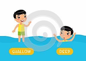 Opposites, DEEP and SHALLOW words. Little asian boy swimming cartoon illustration.