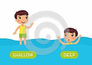 Opposites, deep and shallow words. Little boy swimming cartoon illustration.