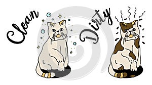 Opposites Dirty and Clean Concept Cat Illustration, Teaching Aid, Pet grooming salon Graphic