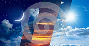 Opposites in nature: day and night, light and darkness, sun and moon. Weather forecast and time concept image