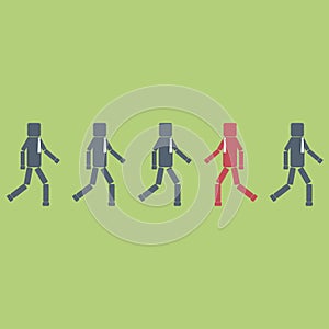 Opposition concept. One red businessman figure walking contrary to a group. Vector illustration
