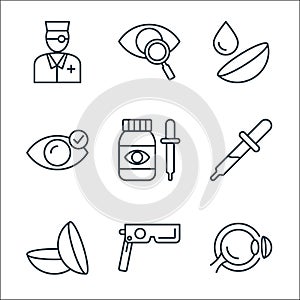 opthalmology line icons. linear set. quality vector line set such as contact lens, multiestenope, contact lens, eyedropper,