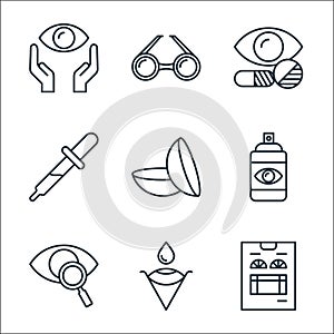 opthalmology line icons. linear set. quality vector line set such as , eye, eye test, spray, contact lens, eyedropper, eye pills