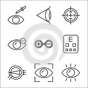 opthalmology line icons. linear set. quality vector line set such as eye, focus, hyperopia, eye exam, testing glasses, myopia,