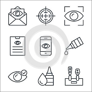 Opthalmology line icons. linear set. quality vector line set such as retinoscope, eye drops, eye, dropper, smartphone,