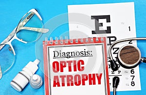 Optic atrophy. Text inscription of the diagnosis on the ophthalmologist`s medical folder.