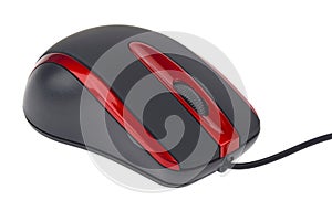 Optical black red computer mouse isolated on white background