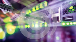 Optical cable close-up. Network devices technology, optical fiber cable and switch. futuristic disign