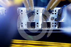 Optical cable close-up. Servers room