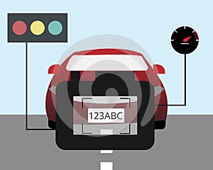 Optical Character Recognition OCR technology to check the car speed and recognize plate number with speed camera vector photo
