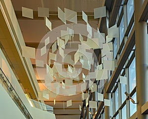 `Optical Cloud`, a tempered laminated glass hanging sculpture by Spencer Finch on public display at Clements University Hospital