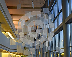 `Optical Cloud`, a tempered laminated glass hanging sculpture by Spencer Finch on public display at Clements University Hospital