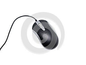 Optical computer mouse in black color with cord on isolated white background,top view