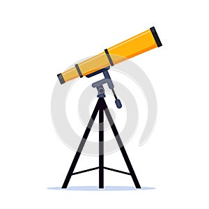 Optical device to explore, discover galaxy, cosmos, space. Telescope on tripod. Modern portable three legged telescope, astronomer