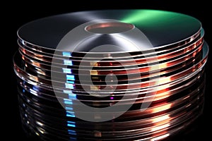 optical discs stacked on a shiny black surface