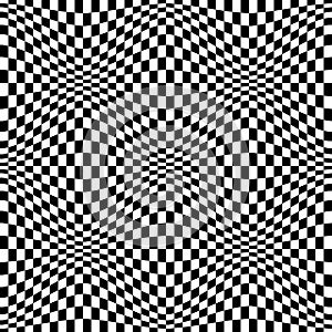 Optical distorted black and white checkered seamless pattern. Psychedelic repeatable texture