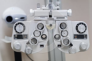 Optical equipment for testing vision. Professional Phoropter ophthalmologist technologies in eye medical diagnostic machine