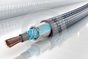 Optical fiber cable with binary cods. 3d illustration - generated by ai