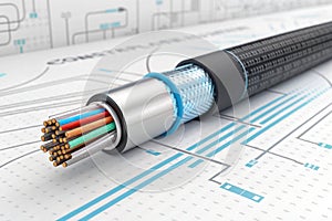 Optical fiber cable with binary cods. 3d illustration - generated by ai