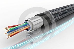 Optical fiber cable with binary cods. 3d illustration - generated by ai