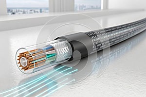 Optical fiber cable with binary cods. 3d illustration - generated by ai
