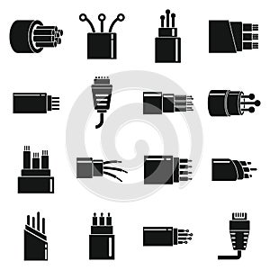 Optical fiber cable icons set, simple style