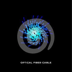 Optical fiber cable logo. Optical fiber blue color on a dark background.