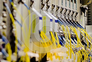 The optical fiber connect to card equipment are used in telecommunication.select focus