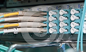 Optical fiber connection on the cloud network patch panel photo
